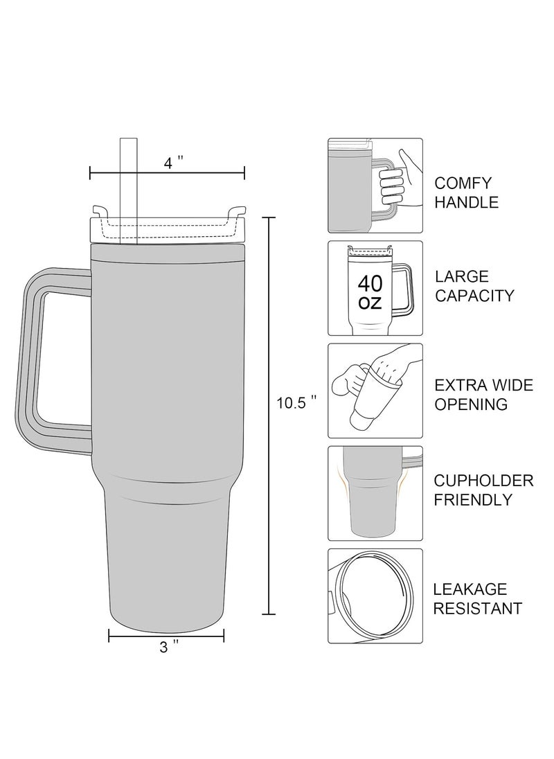 40oz Tumbler with Handle Insulated Stainless Steel Travel Coffee Mug with Straw & Medium Water Bottle Cup for Hot & Cold Beverages (White)