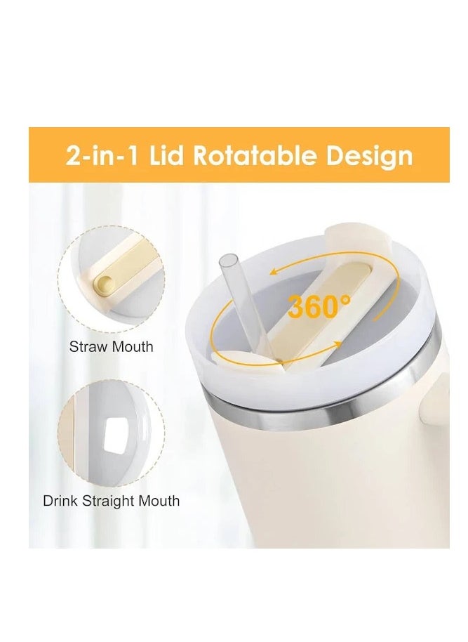 40oz Tumbler with Handle Insulated Stainless Steel Travel Coffee Mug with Straw & Medium Water Bottle Cup for Hot & Cold Beverages (White)