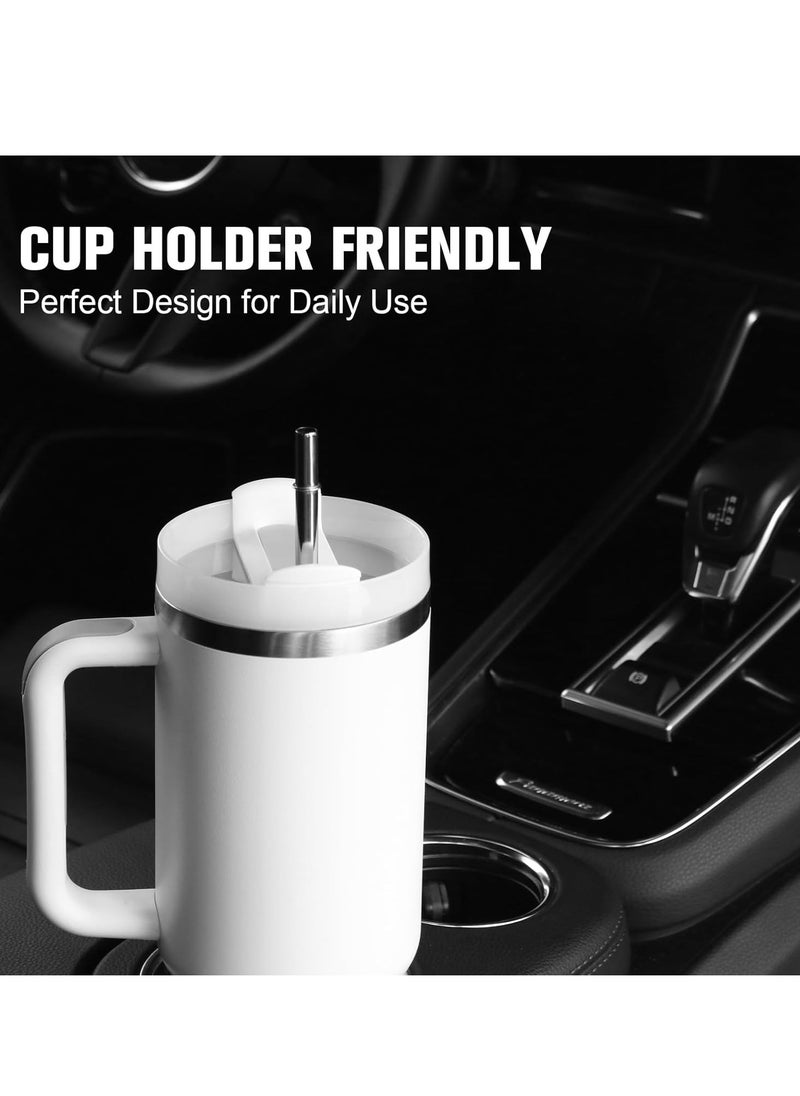 40oz Tumbler with Handle Insulated Stainless Steel Travel Coffee Mug with Straw & Medium Water Bottle Cup for Hot & Cold Beverages (White)
