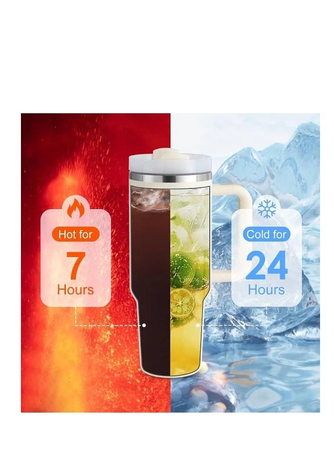 40oz Tumbler with Handle Insulated Stainless Steel Travel Coffee Mug with Straw & Medium Water Bottle Cup for Hot & Cold Beverages (White)