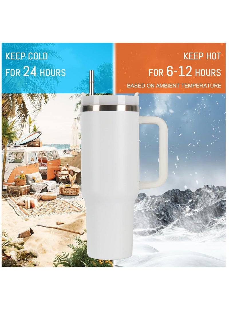 40oz Tumbler with Handle Insulated Stainless Steel Travel Coffee Mug with Straw & Medium Water Bottle Cup for Hot & Cold Beverages (White)