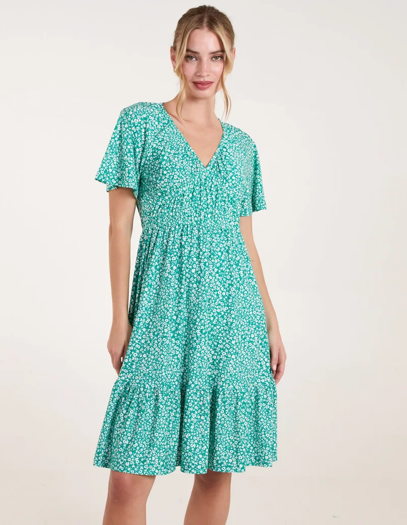 Blue Vanilla Ditsy Printed Angel Sleeve Elasticated V Neck Dress