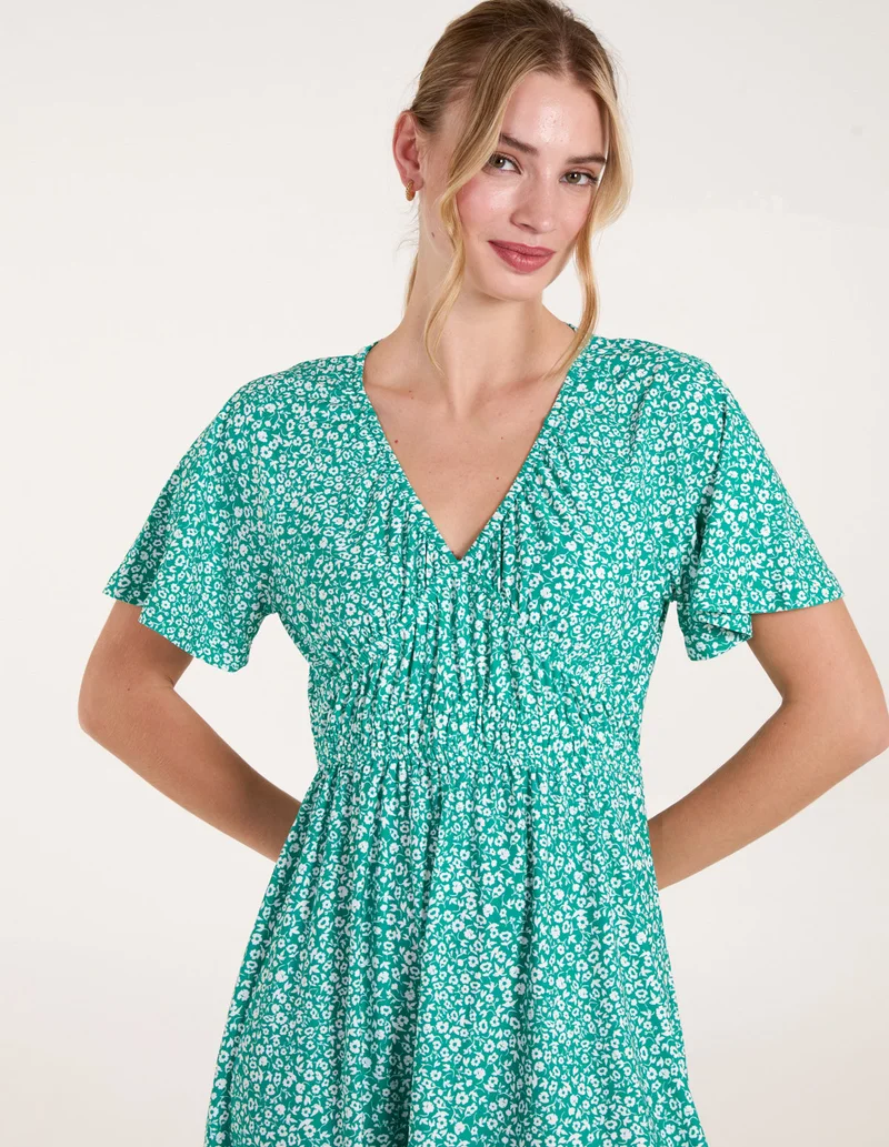 Blue Vanilla Ditsy Printed Angel Sleeve Elasticated V Neck Dress