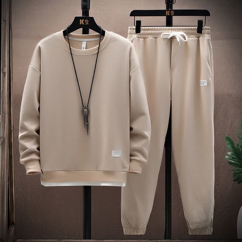 Waffle Long-sleeved suit Mens Shirt Casual Set of Clothes Spring and Autumn Fashionable Solid Color Loose Autumn T-shirt Apricot a02 long sleeve suit 