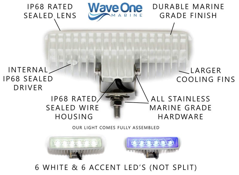 Wave One Marine Dual Color LED Boat Spreader Light Deck Flood Beam Stainless Hardware & Bracket IP68 Waterproof Multicolor Bright High Lumen Output (White Housing, White & Blue) - Image 3