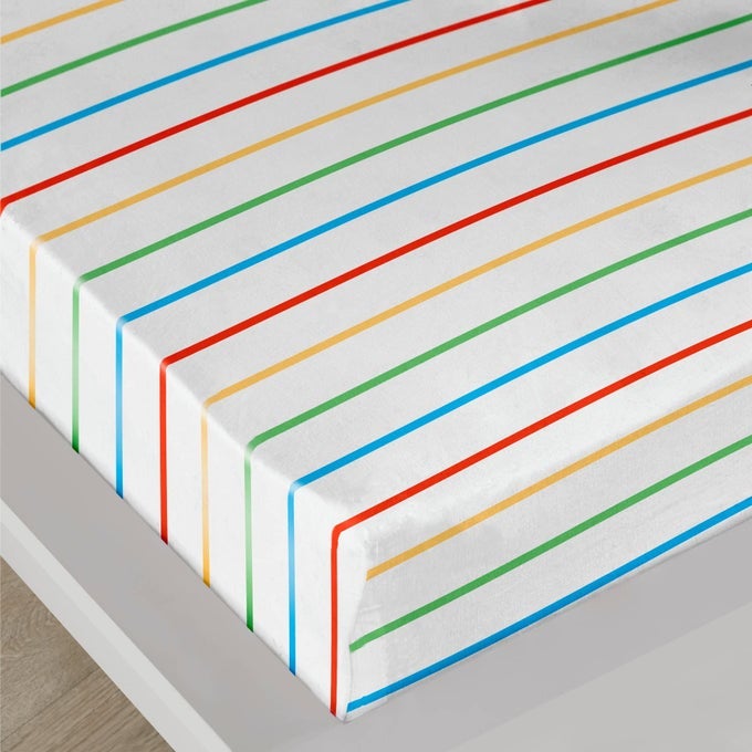 RAINBOW STRIPED BED SHEET SINGLE FITTED SHEET 190 X 90 X 28CM RAINBOW BEDDING MULTICOLOUR STRIPE BED SHEET IN WHITE SINGLE FITTED SHEET WITH STRIPES MATCHING BEDDING AVAILABLE