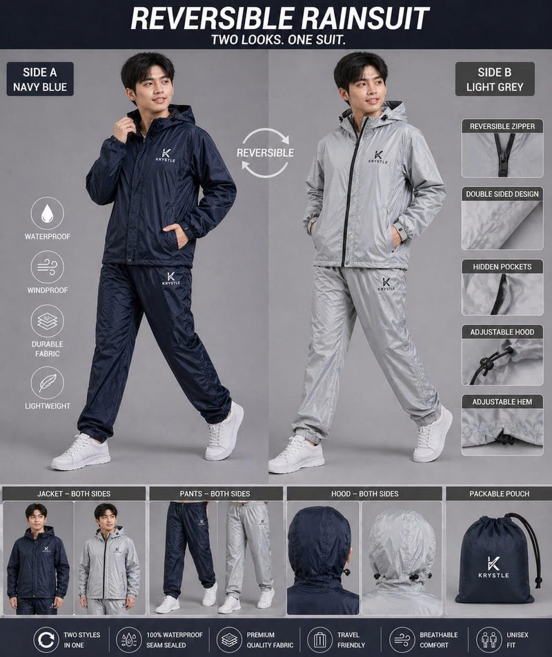 Krystle Premium Waterproof Rain Suit for Men – Jacket & Pants Set (Blue,XXLarge) - Image 4