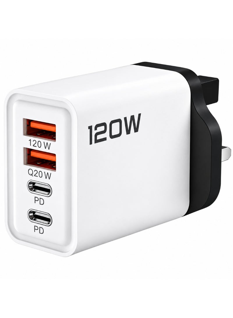 شاحن حائط USB بقوة 120 واط مع 4 منافذ (2 USB-A، 2 USB-C PD) محول شحن سريع للايفون، الايباد، جالكسي، ماك بوك، واللابتوبات