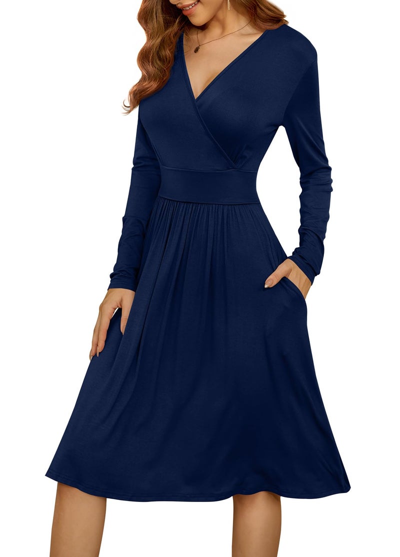 WEACZZY Women's Long Sleeve Casual Fall Dresses V-Neck Swing Holiday Holiday Wrap Formal Dress with Pockets 2025,Navy Blue,3XL - Image 2
