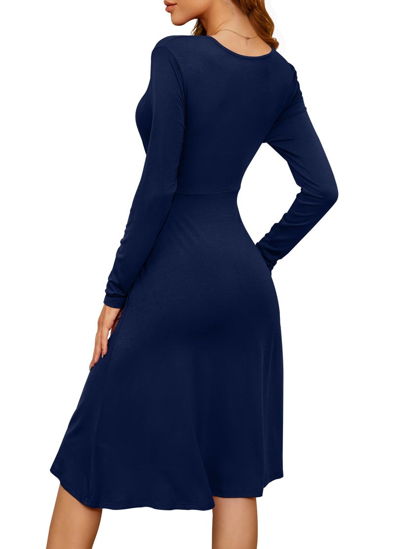 WEACZZY Women's Long Sleeve Casual Fall Dresses V-Neck Swing Holiday Holiday Wrap Formal Dress with Pockets 2025,Navy Blue,3XL - Image 4
