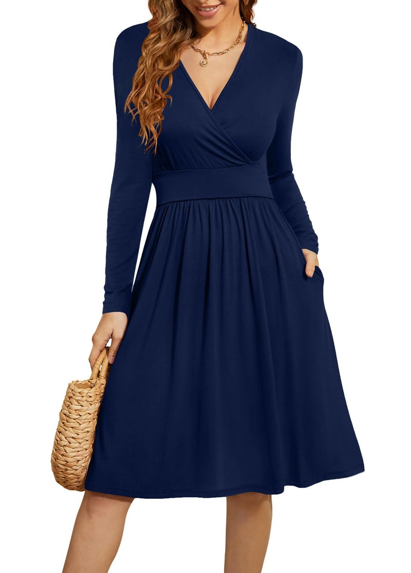 WEACZZY Women's Long Sleeve Casual Fall Dresses V-Neck Swing Holiday Holiday Wrap Formal Dress with Pockets 2025,Navy Blue,3XL - Image 1
