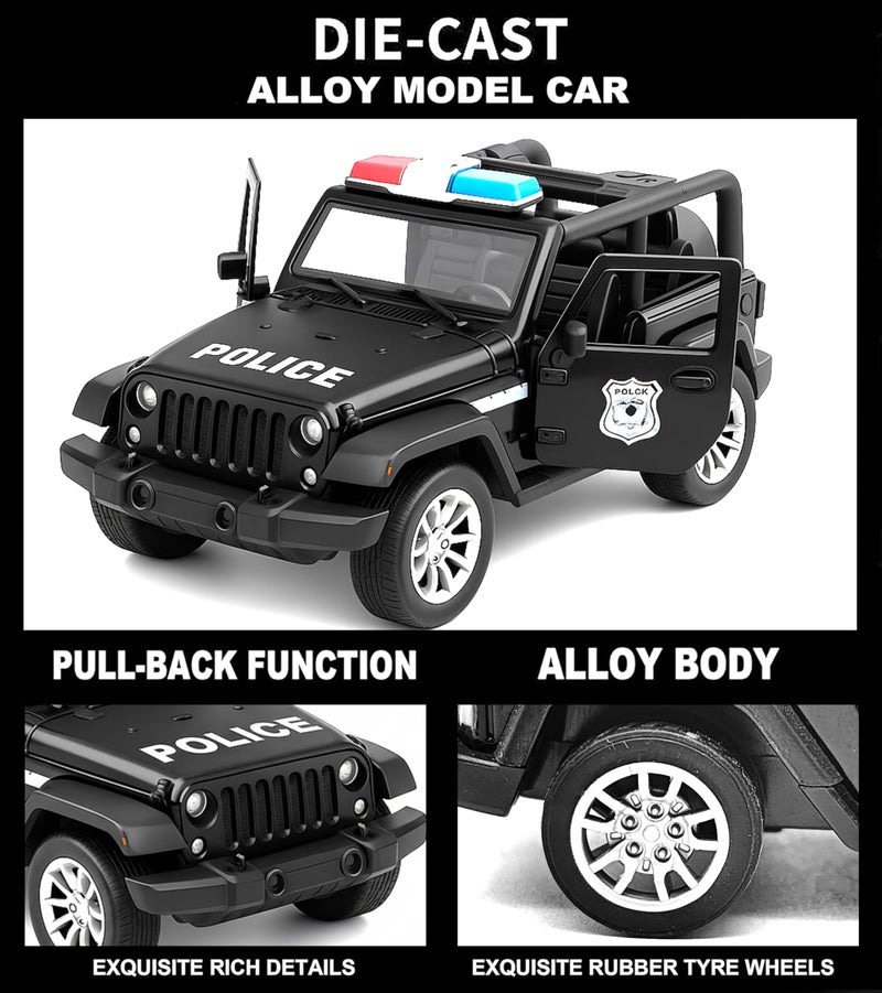 VGRASSP 1:32 Scale Mini Die Cast Open Roof SUV Police Car Toy for Kids with Pull Back Action - Off-Road Scale Model with Rubber Tires, Realistic Design Openable Doors - Color As Per Stock - Image 2