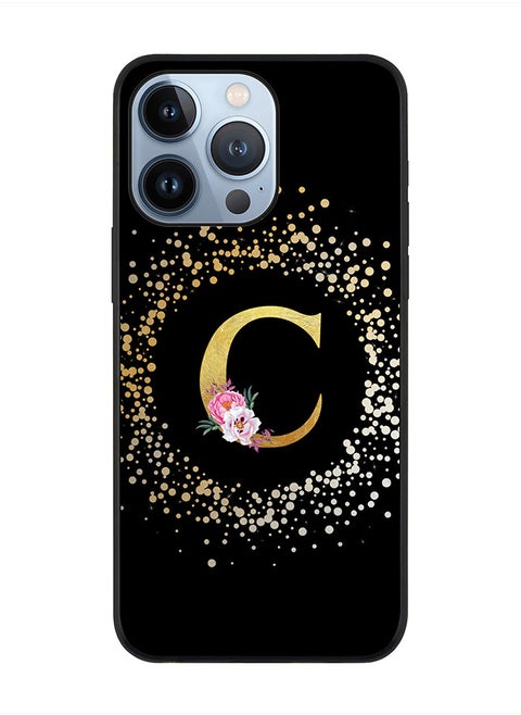 Rugged Black edge case for Apple iPhone 13 Pro, Slim fit Rubber Edges  -  Custom Monogram Initial Letter Floral Pattern Alphabet - C  (Black )