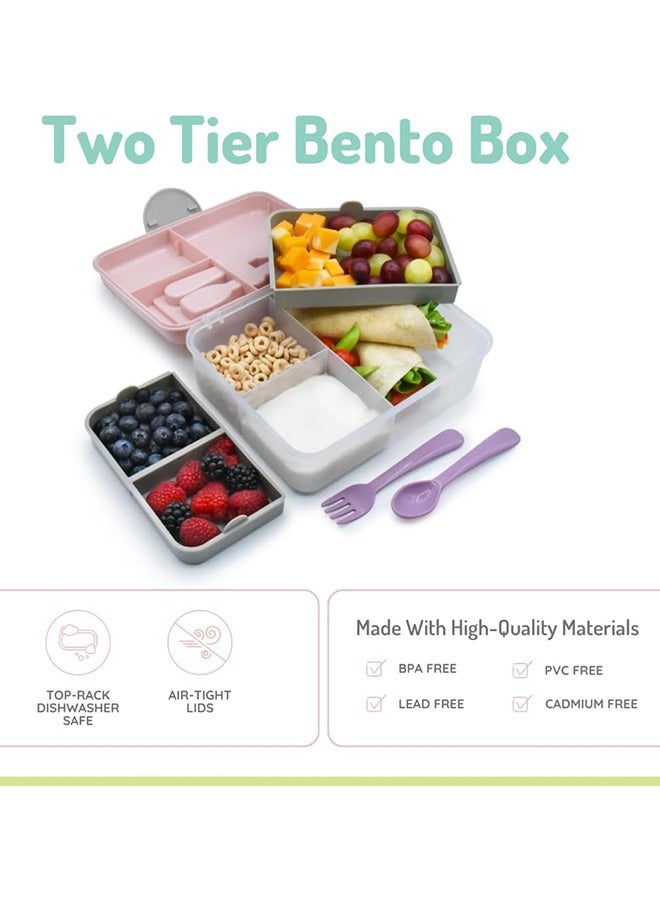 melii Two Tier Bento Lunch Box with Utensils, Leakproof BPA Free Bento for Kids and Adults, Airtight Lids, Dishwasher and Microwave Safe - Pink, Purple, Grey - Image 3
