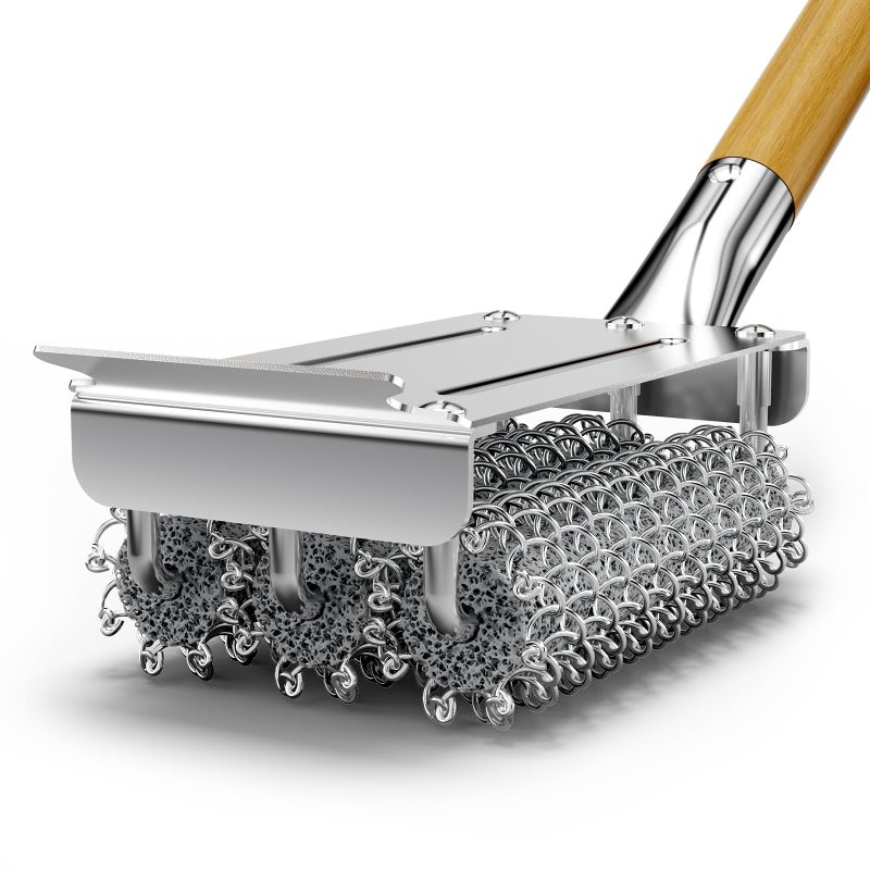 HOUSE AGAIN Grill Brush Bristle Free, 304 Stainless Steel Food-Grade Brush Head with Scraper, Safe BBQ Outdoor Grill Cleaning Brush Strong Barbecue Brush Cleaner Non Wire for Grill Grate/Wooden Handle - Image 1
