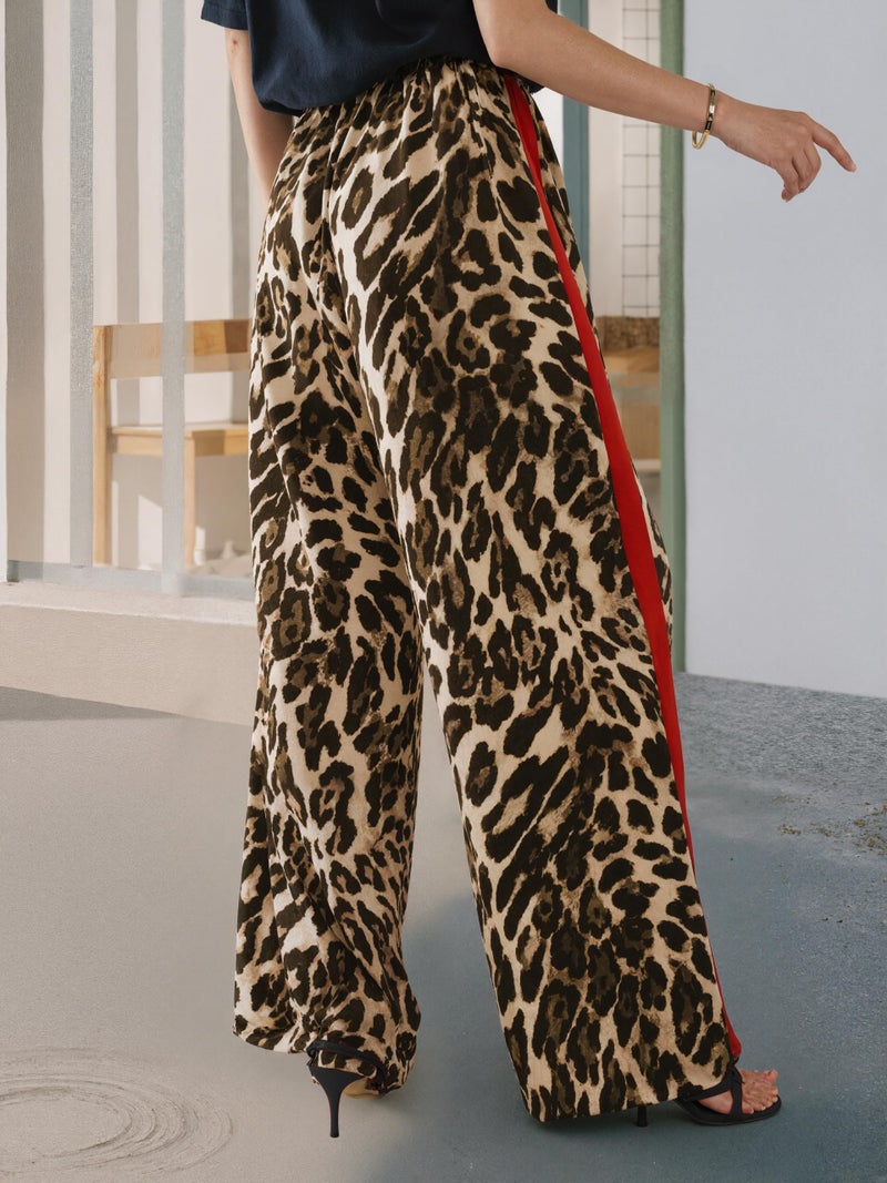 LIWEIKE Women's Leopard Print Pants Drawstring Color Block Side Striped Pants Y2K Cheetah Wide Leg Trousers with Pockets (US, Alpha, Medium, Regular, Regular, Brown) - Image 2