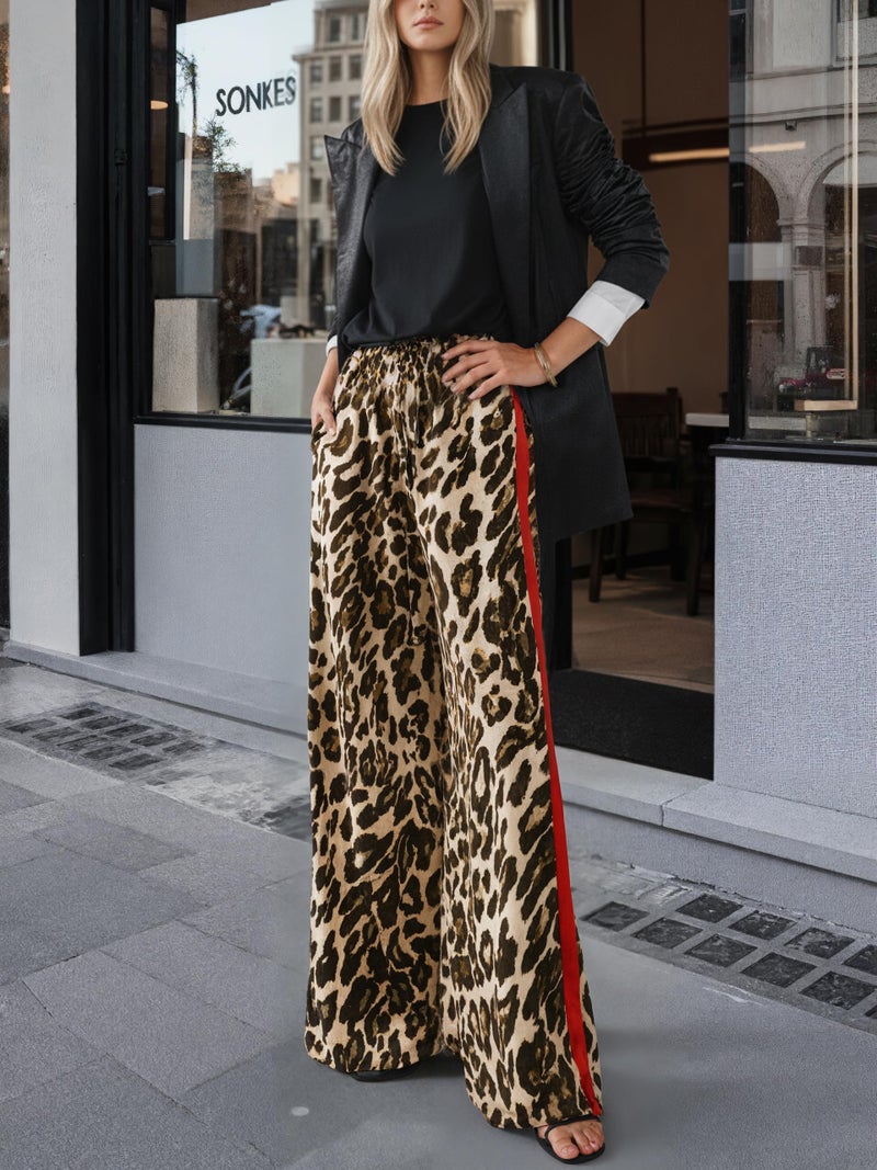 LIWEIKE Women's Leopard Print Pants Drawstring Color Block Side Striped Pants Y2K Cheetah Wide Leg Trousers with Pockets (US, Alpha, Medium, Regular, Regular, Brown) - Image 4