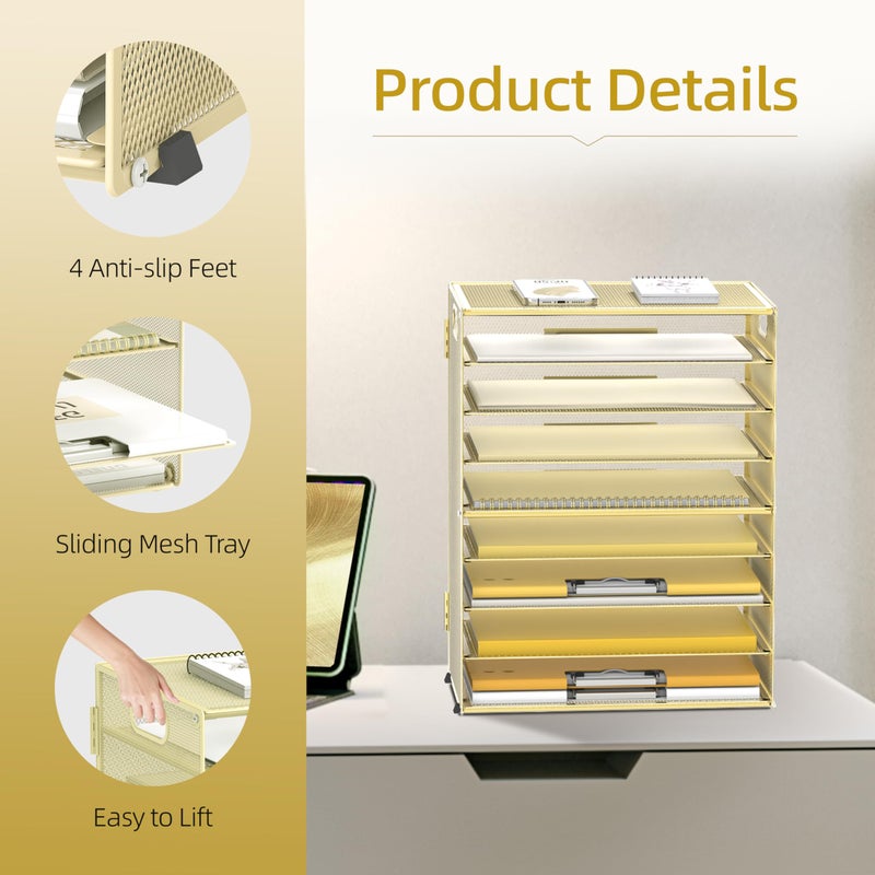DALTACK 9-Tier Paper Letter Tray Desk Organizer with Handles, Mesh File Holder Organization, File Organizer for Desk Paper Sorter for Office Home School, Gold - Image 3