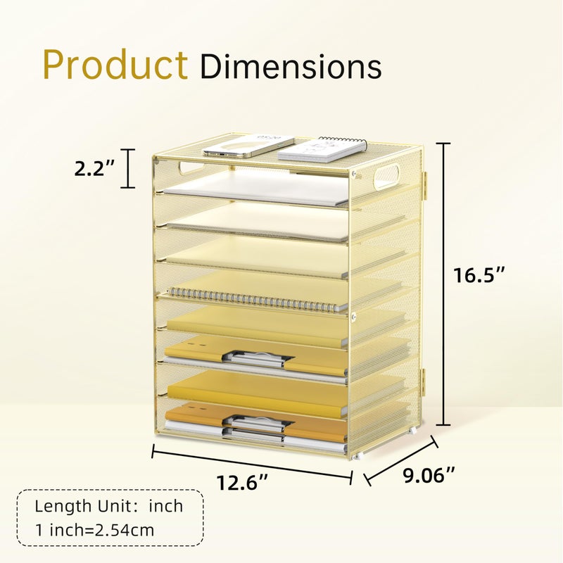 DALTACK 9-Tier Paper Letter Tray Desk Organizer with Handles, Mesh File Holder Organization, File Organizer for Desk Paper Sorter for Office Home School, Gold - Image 4