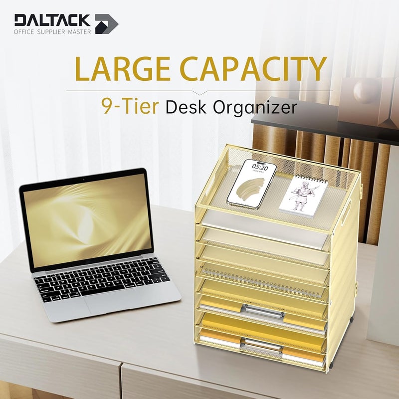 DALTACK 9-Tier Paper Letter Tray Desk Organizer with Handles, Mesh File Holder Organization, File Organizer for Desk Paper Sorter for Office Home School, Gold - Image 2