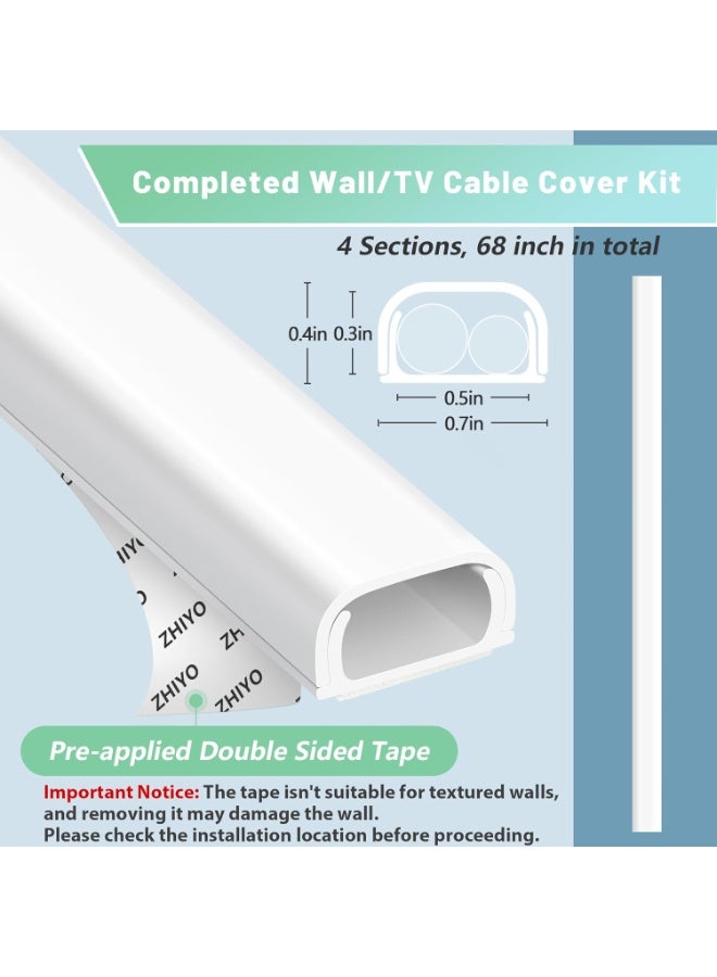 أغطية أسلاك لخطين، مخفي الأسلاك بطول 68 بوصة للتثبيت على الحائط، مجموعة أغطية أسلاك باللون الأبيض، غطاء كابل لإخفاء كابل التمديد، كابل إيثرنت، سلك السماعة، 4× طول 17 بوصة × عرض 0.7 بوصة × ارتفاع 0.4 بوصة - Image 5