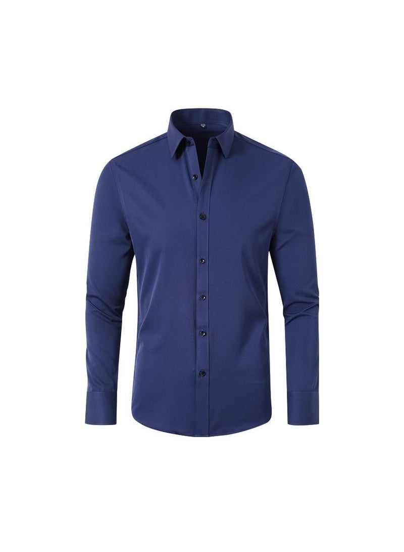 Loquat Men's Elastic Long Sleeve Shirt Solid Youth Men's Wear Non iron Shirt Dark Blue  - Image 1