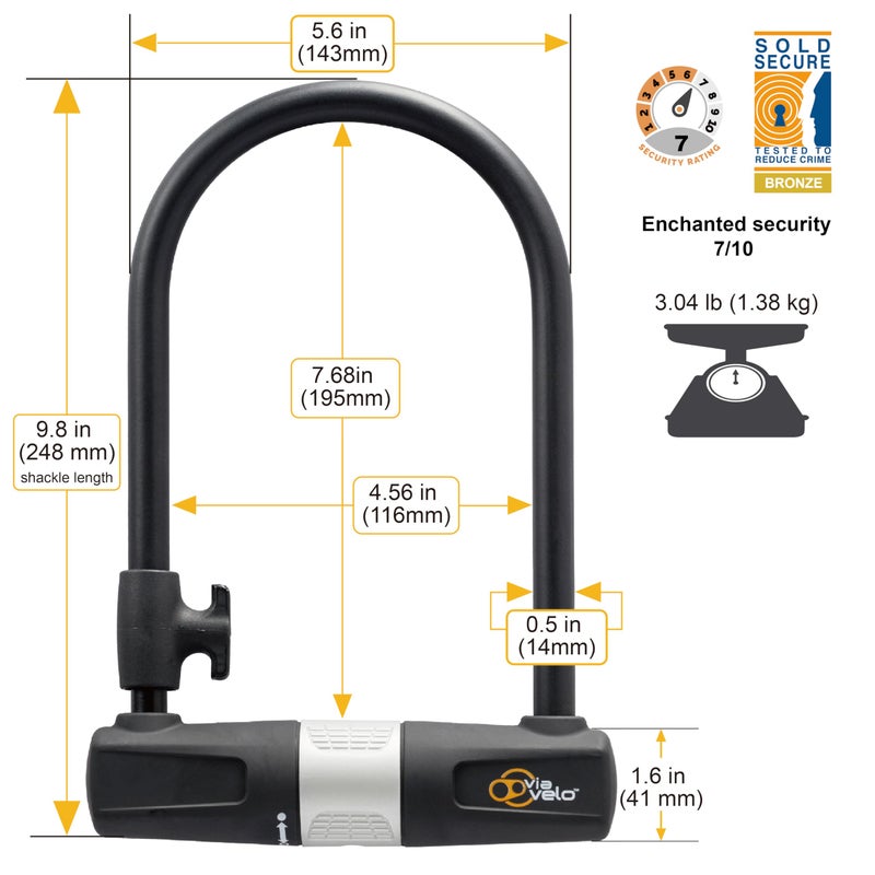 Via Velo Bike U Lock with Cable - Via Velo Heavy Duty Bicycle U-Lock,14mm Shackle and 10mm x1.8m Cable with Mounting Bracket for Road, Mountain, Electric & Folding Bike - Image 2