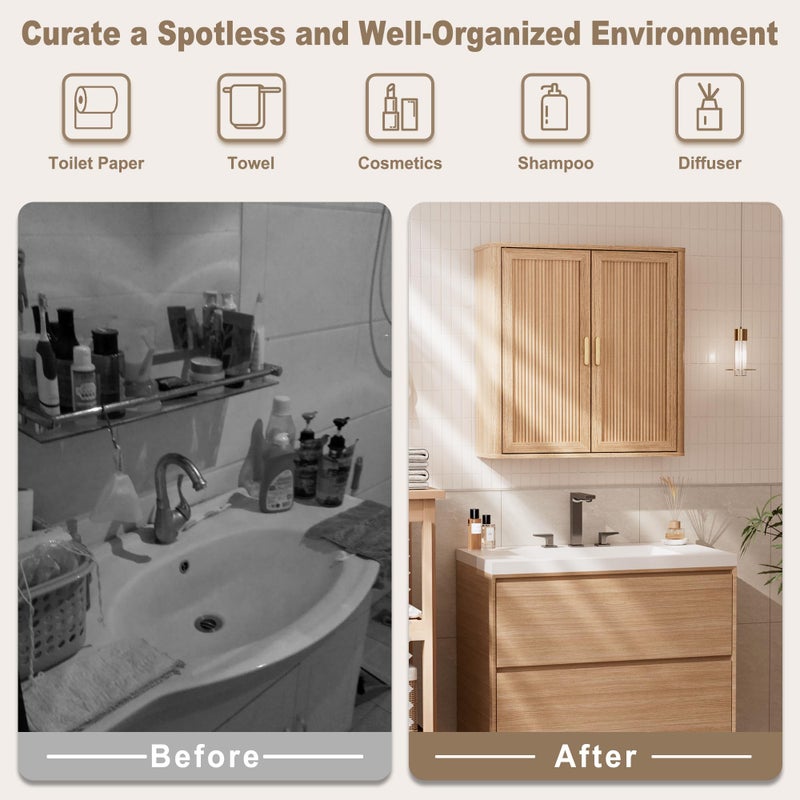 INNOD Bathroom Storage Cabinet, Over The Toilet Storage Cabinet, Medicine Cabinet with Adjustable Wood Shelf & Doors for Laundry Room & Kitchen & Living Room (Natural Oak) - Image 3