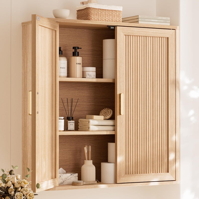 INNOD Bathroom Storage Cabinet, Over The Toilet Storage Cabinet, Medicine Cabinet with Adjustable Wood Shelf & Doors for Laundry Room & Kitchen & Living Room (Natural Oak) - Image 1