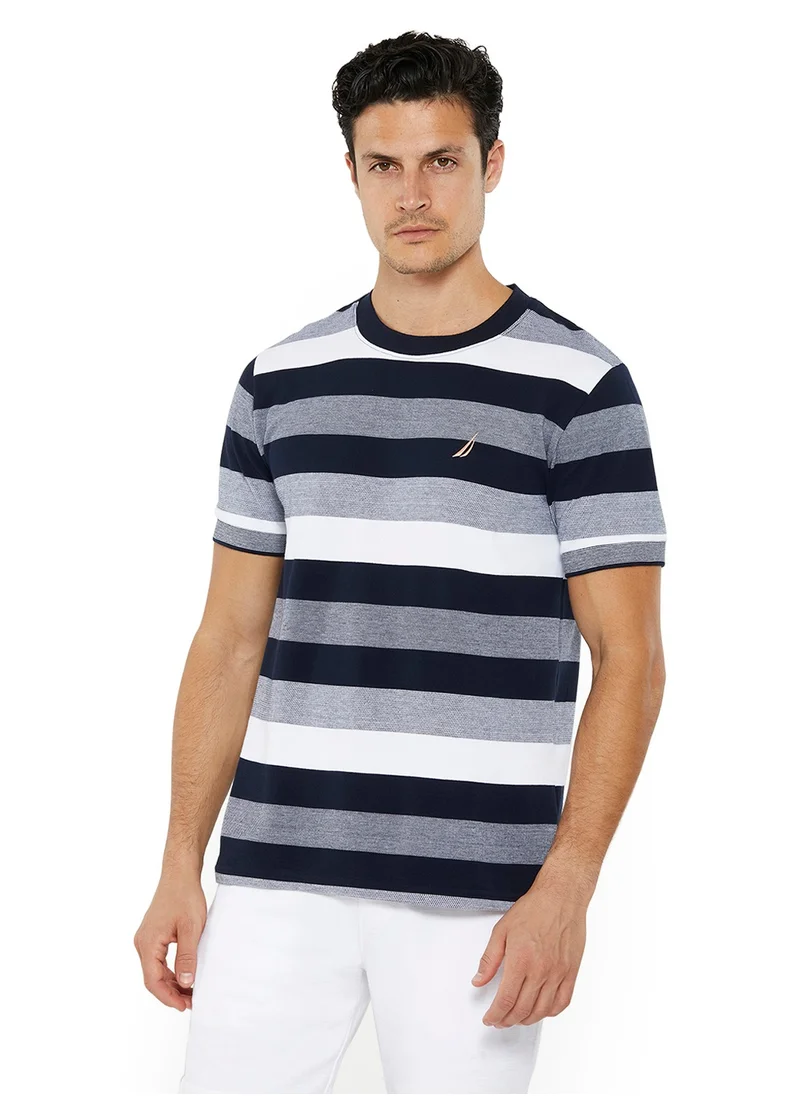 نوتيكا Men's Navy & White Striped Round Neck T-Shirt – Cotton Casual Classic Essential, Summer-Ready!