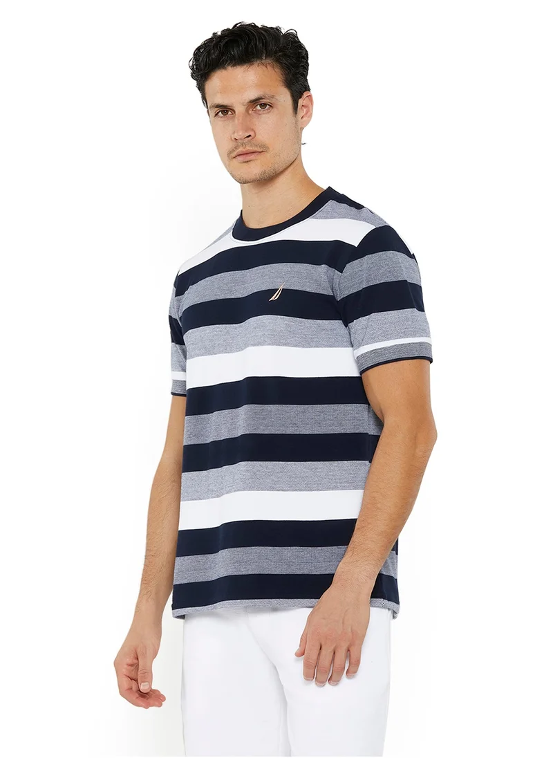 نوتيكا Men's Navy & White Striped Round Neck T-Shirt – Cotton Casual Classic Essential, Summer-Ready!