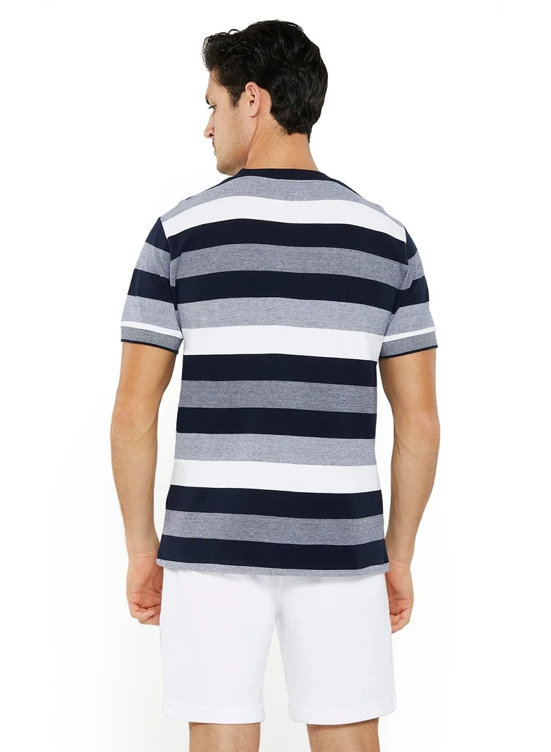 NAUTICA Dark Navy Contrast Striped Regular Fit Premium Cotton Crew Neck T-shirt for Men | Best Price UAE