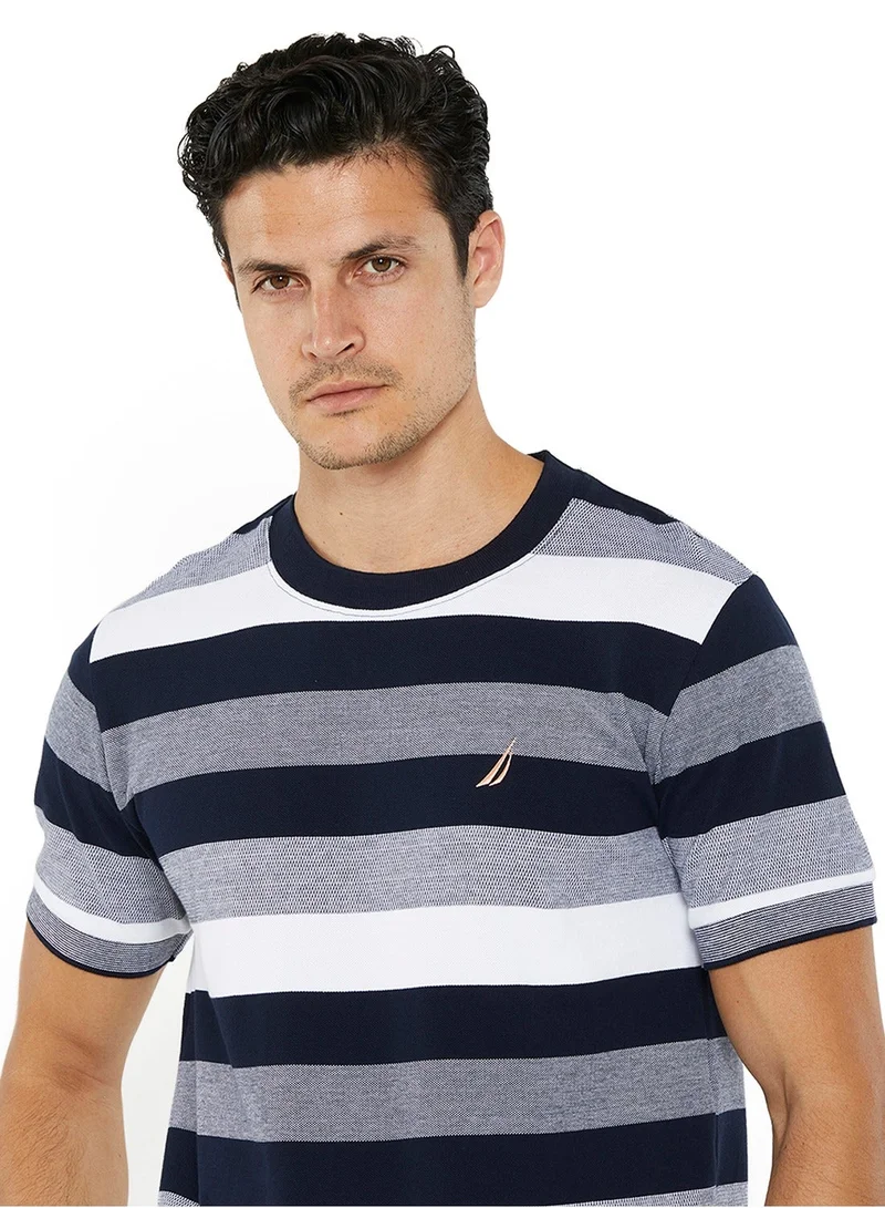 NAUTICA Dark Navy Contrast Striped Regular Fit Premium Cotton Crew Neck T-shirt for Men | Best Price UAE