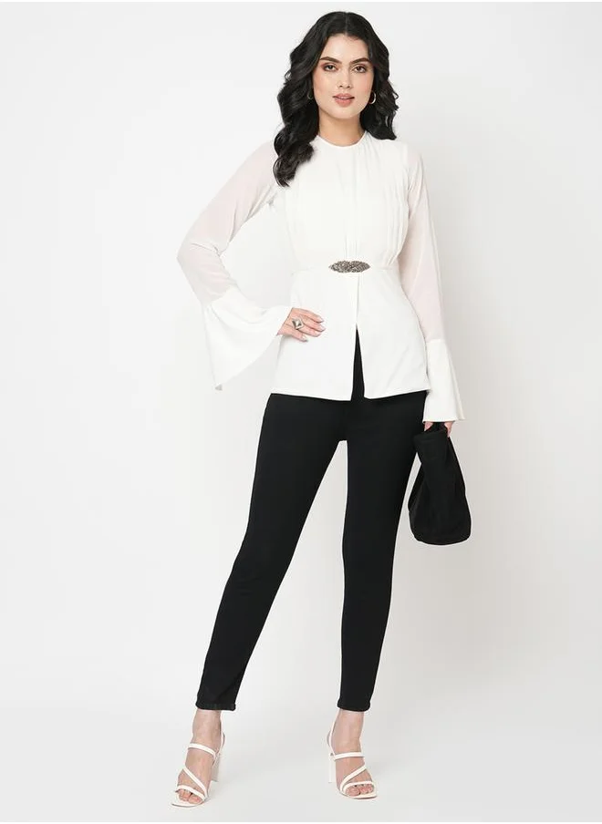 Mish Embellished Waistband Top with Bell Sleeves