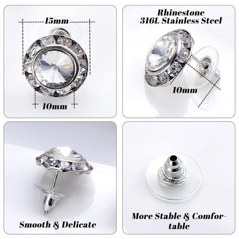 BESTEEL Rhinestone Earrings Round Shaped Acrylic Stone Inside Crystal Halo Stud Earrings for Dance Competitions Stage Opera Performance Wedding Party Earrings Jewelry 15mm(White) - Image 2