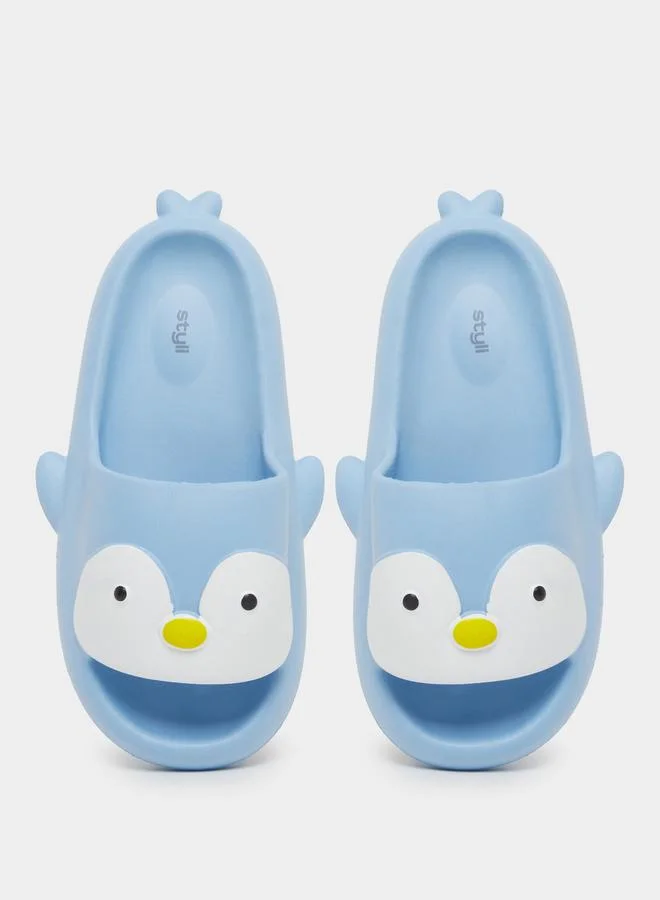 Styli Styli Blue Penguin Print Slip-On Slides