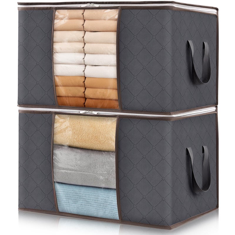 Lifewit 2 Pack Clothes Storage Foldable Organization Bins with Lids and Clear Window for Blanket in Closet with Reinforced Handles for Clothing Bedding Gray