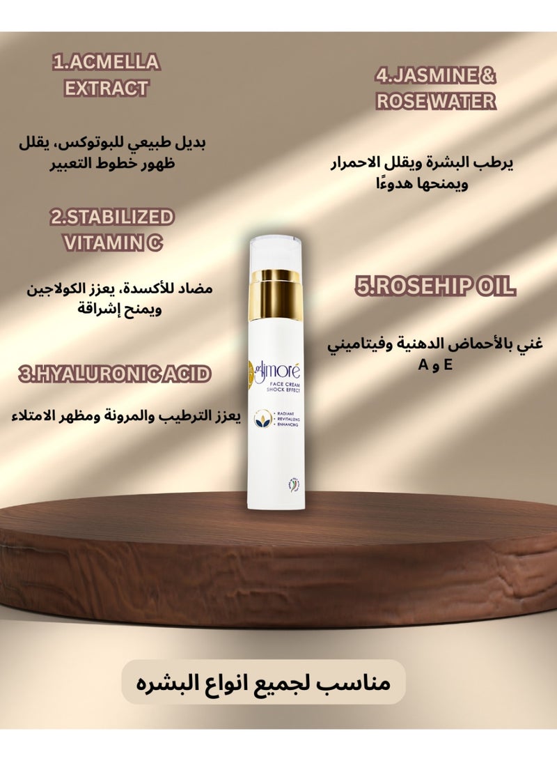 Glimore Shock Effect Face Cream 50 ml – Instant Wrinkle-Smoothing & Firming Primer – Rose Water + Hyaluronic Acid + Sweet Almond & Rose-Hip Oils – Pre-Makeup Flash Treatment – All Skin Types - Image 5