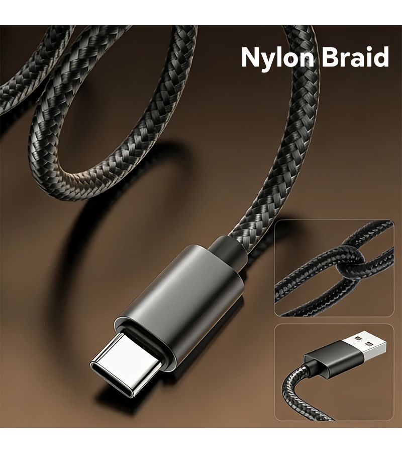 كابل شحن من النايلون المضفر من USB إلى Type C بطول 6.56 قدم، كابل USB-C مضفر من النايلون لشحن الهاتف ومزامنة البيانات - Image 3