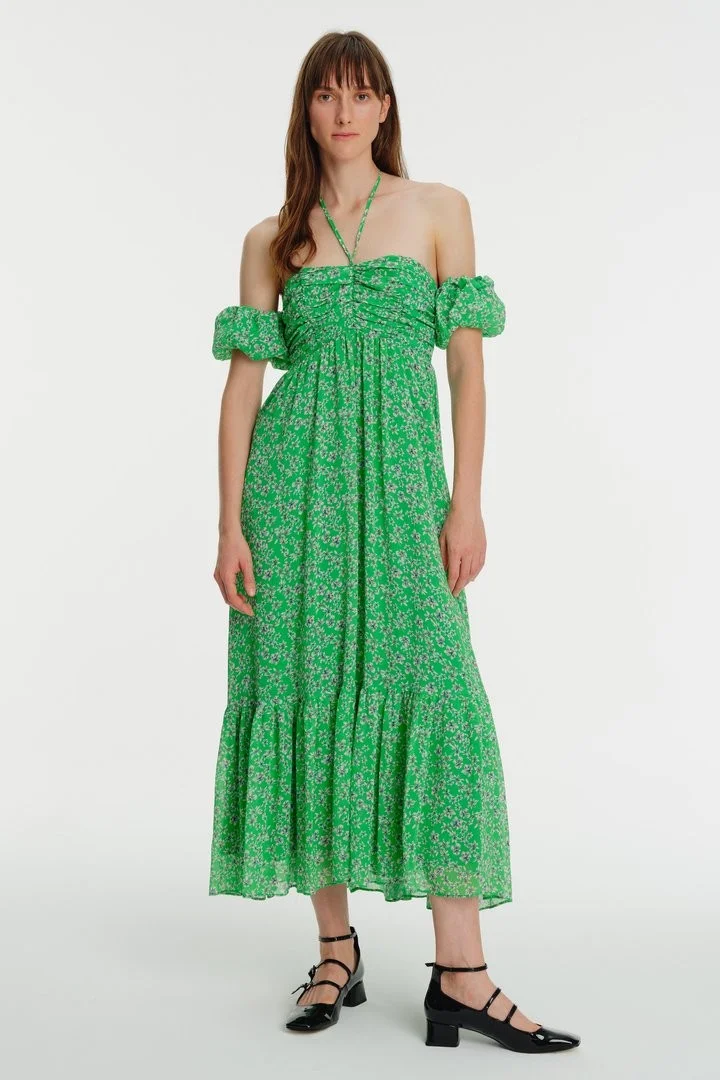EXQUISE Halter Neck, Front Gathered, Floral Patterned Midi Chiffon Dress