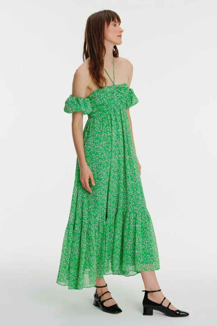 EXQUISE Halter Neck, Front Gathered, Floral Patterned Midi Chiffon Dress