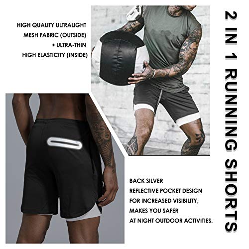 Leidowei Men's 2 in 1 Workout Running Shorts Lightweight Training Yoga Gym 7" Short with Zipper Pockets Black L - Image 5
