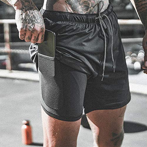 Leidowei Men's 2 in 1 Workout Running Shorts Lightweight Training Yoga Gym 7" Short with Zipper Pockets Black L - Image 4