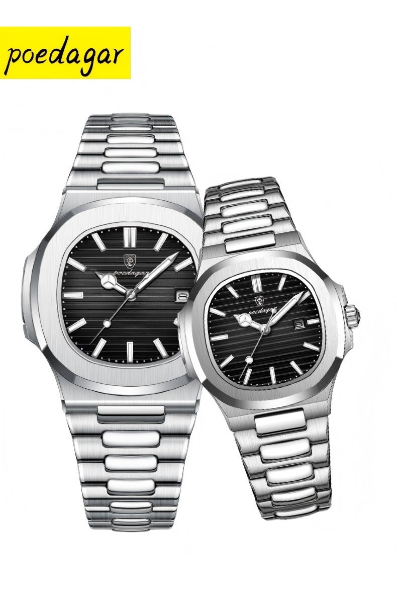 پوداجار الفولاذ المقاوم للصدأ حزام زوجين الكوارتز ووتش مجموعة، الفاخرة مضيئة للماء التقويم ووتش هدية للرجال النساء - Image 1