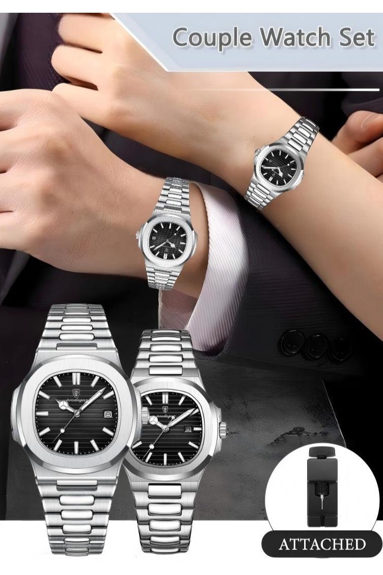 پوداجار الفولاذ المقاوم للصدأ حزام زوجين الكوارتز ووتش مجموعة، الفاخرة مضيئة للماء التقويم ووتش هدية للرجال النساء - Image 2