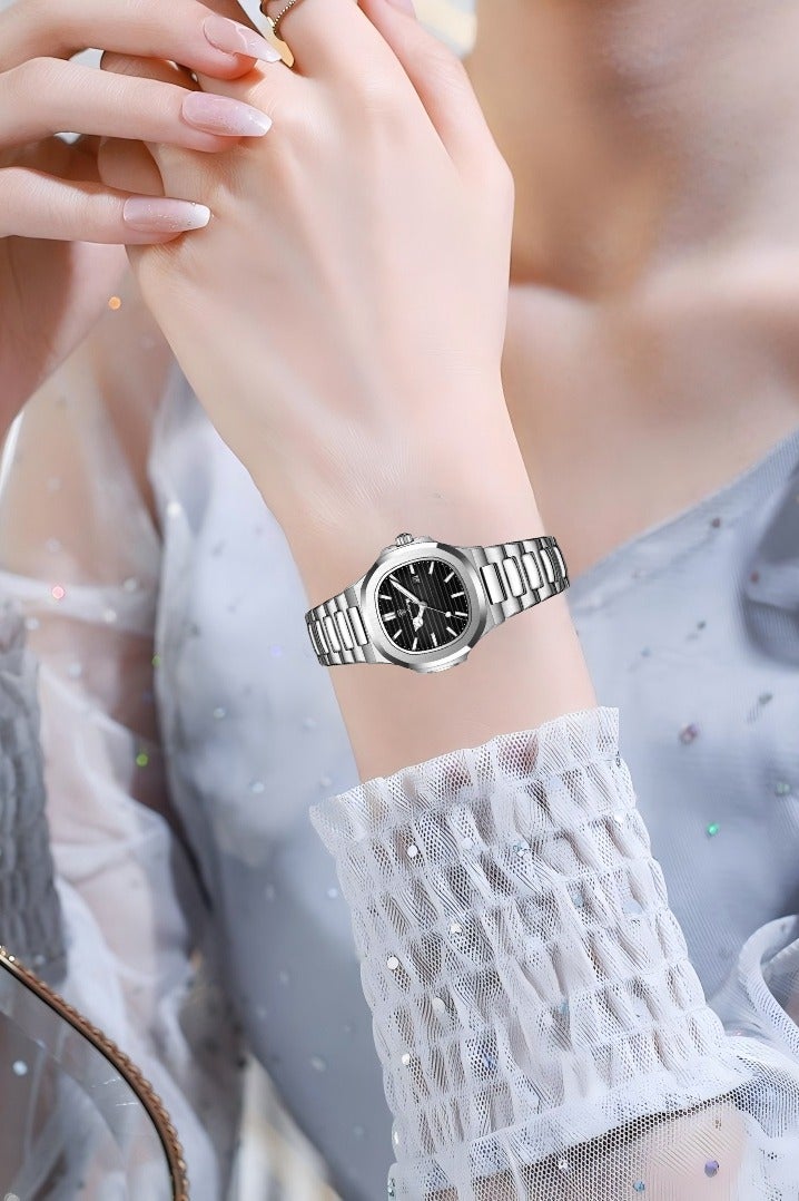 پوداجار الفولاذ المقاوم للصدأ حزام زوجين الكوارتز ووتش مجموعة، الفاخرة مضيئة للماء التقويم ووتش هدية للرجال النساء - Image 4