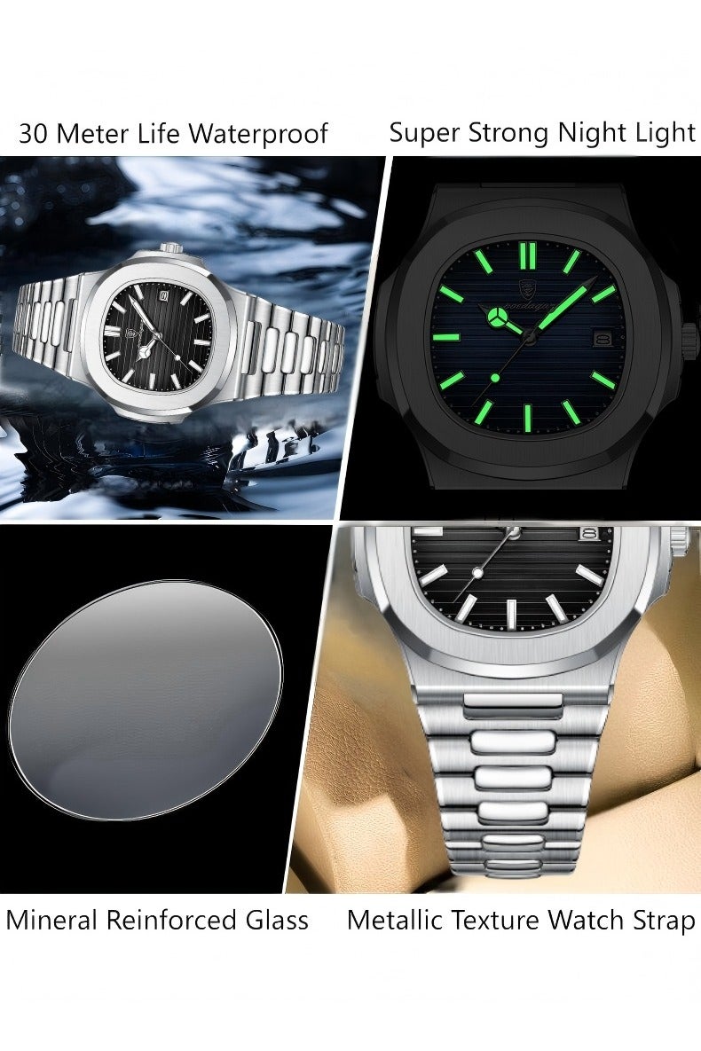 پوداجار الفولاذ المقاوم للصدأ حزام زوجين الكوارتز ووتش مجموعة، الفاخرة مضيئة للماء التقويم ووتش هدية للرجال النساء - Image 5