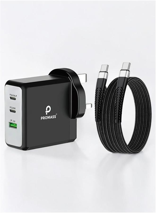 PROMASS 100W PD GaN Super Fast Wall Charger Compatible with iPhone, Galaxy, Honor, Huawei Series, QC 3.0 with 3 Ports (2 PD Ports - 1 USB A Port) Comes with USB C to USB C Cable Compatible with iPhone 16 Pro Max/15 Pro Max/Galaxy S24 Ultra/23 Ultra/Huawei/Honor/Xiaomi Series - Black - Image 1