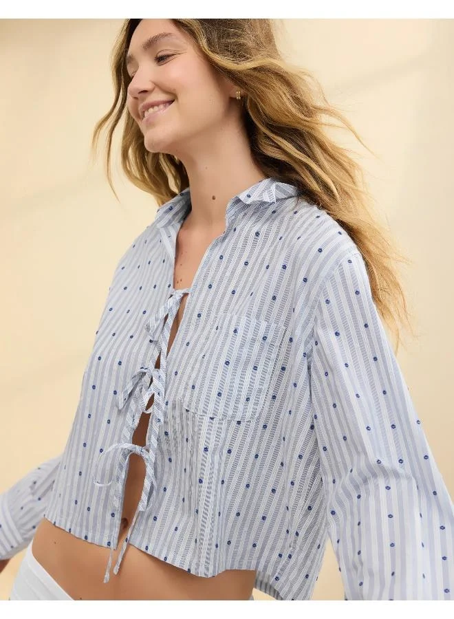 آري من امريكان ايجل Aerie Off-Duty Poplin Tie Front Pajama Shirt