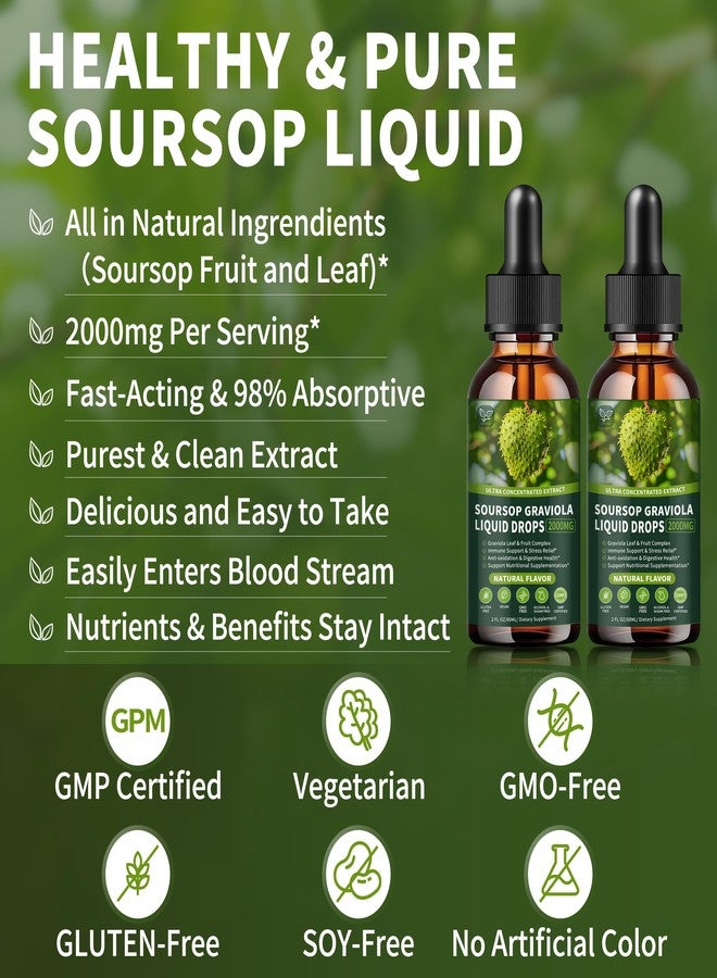 Hudetex (2 Pack) Soursop Graviola Liquid Drops 2000mg, 98% Absorption for Cell Support & Regeneration, Immune Boost, Liver, Herbal Goodness, Soursop Bitters Liquid-Sugar/Gluten Free, Natural Flavor, 4 Fl Oz - Image 2